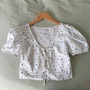 White Floral Lace-Up Blouse